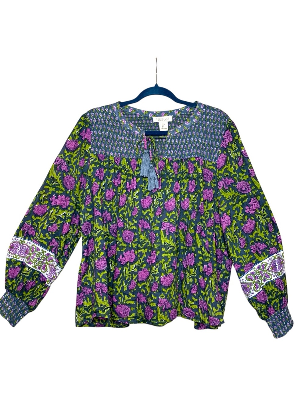 Rachel Zoe Boho Floral Smocked Tunic Blouse Sz XL Purple & Green Tassels Hippie